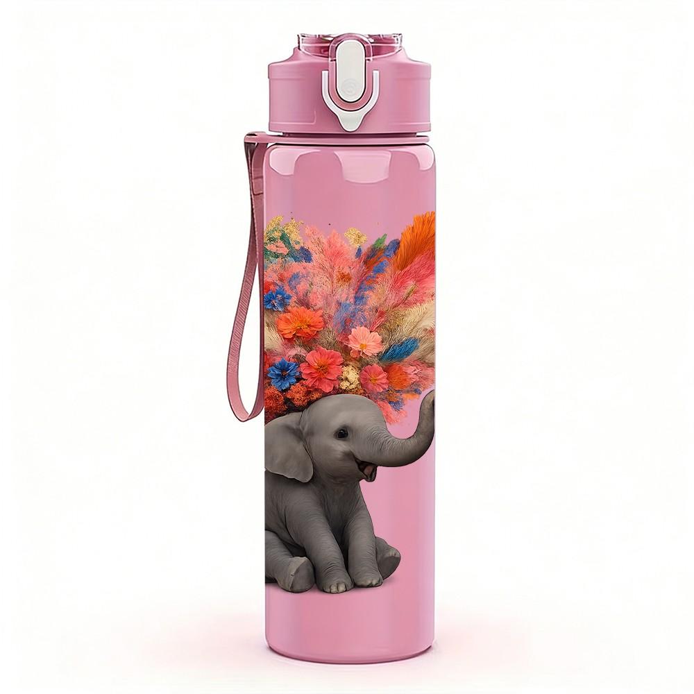 1PC Elephant Hold Colorful Flower Bouquet Print 750ml Color Plastic Sports Water Bottle Leakproof Flip Straw Lid Suitable for Sports Office Home Use