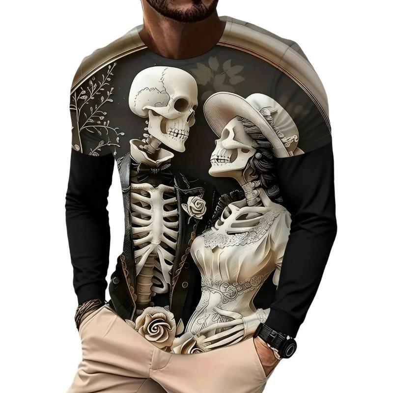 Round Neck 3D Skull Printed T-shirts Casual Short Sleeved Men's T-shirts - Soft Medium Stretch Polyester Fabric Spring and Autumn Relaxed Fit Clothing