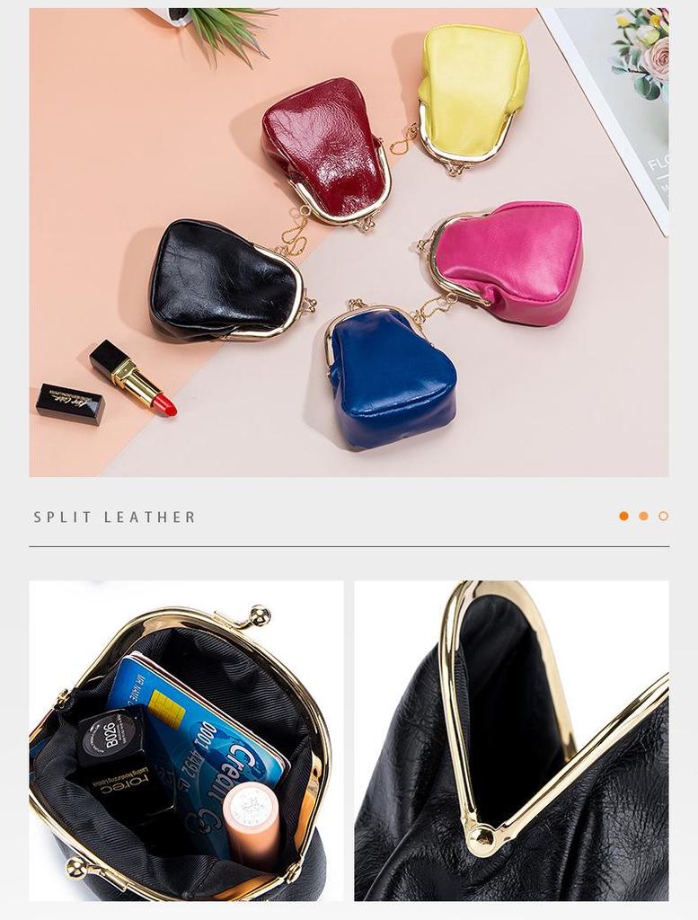 Vintage Leather Kiss Lock Coin and Card Pouch: Mini Earphone Holder Clip Bag