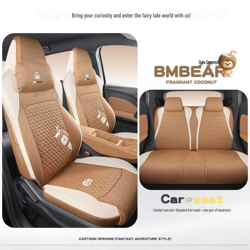 BYD Seagull Cotton & Linen Car Seat Cushions - Full-Coverage, Breathable, Cute Cartoon Design, Perfect for Women, All Seasons.