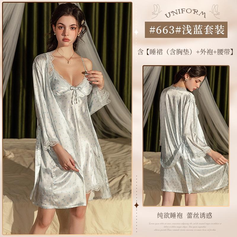 Sexy women's pajamas premium pure lace suspender nightdress with chest pad long-sleeved loungewear set