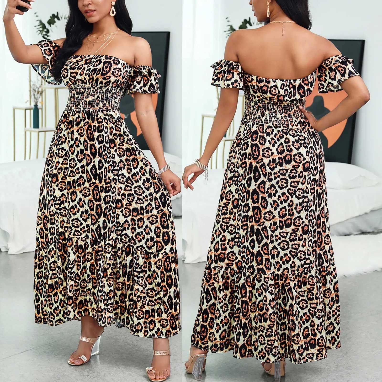 

Женское модное платье с коротким рукавом и леопардовым принтом до колена с открытыми плечами L коричневый