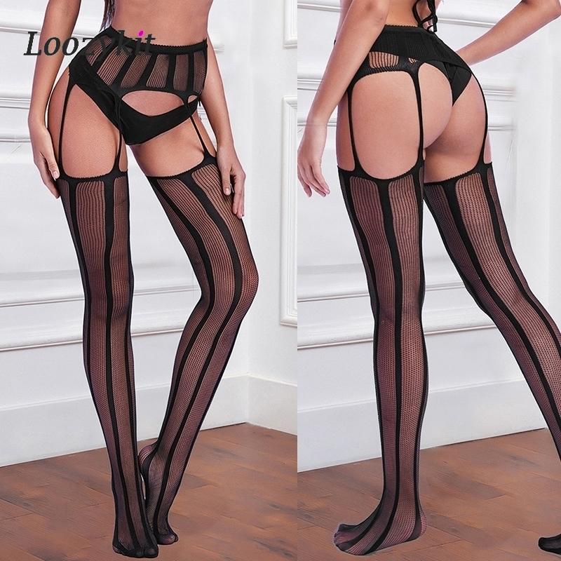 13styles Sexy Black Women Stockings With Belt Set High Fish Net Tights Erotic Lingerie Pantyhose Floral Long Mesh Lace Stocking