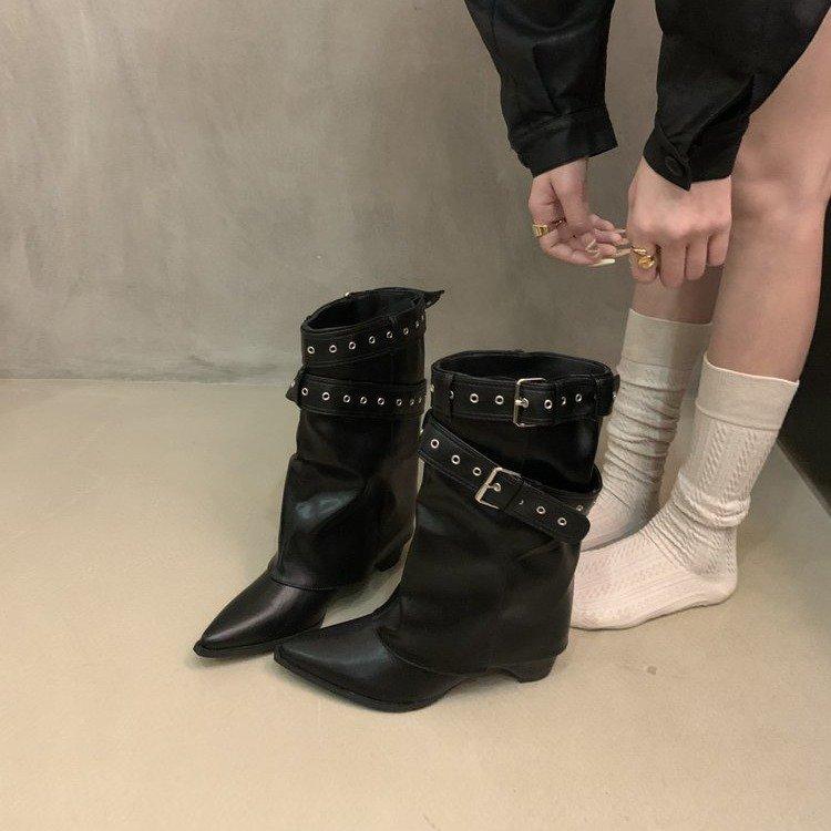 Cowhide version~ pointed retro Spice Girls Belt Buckle Pants Boots Thick Heel Temperament Short Boots Women's Skinny Western Cowboy Boots