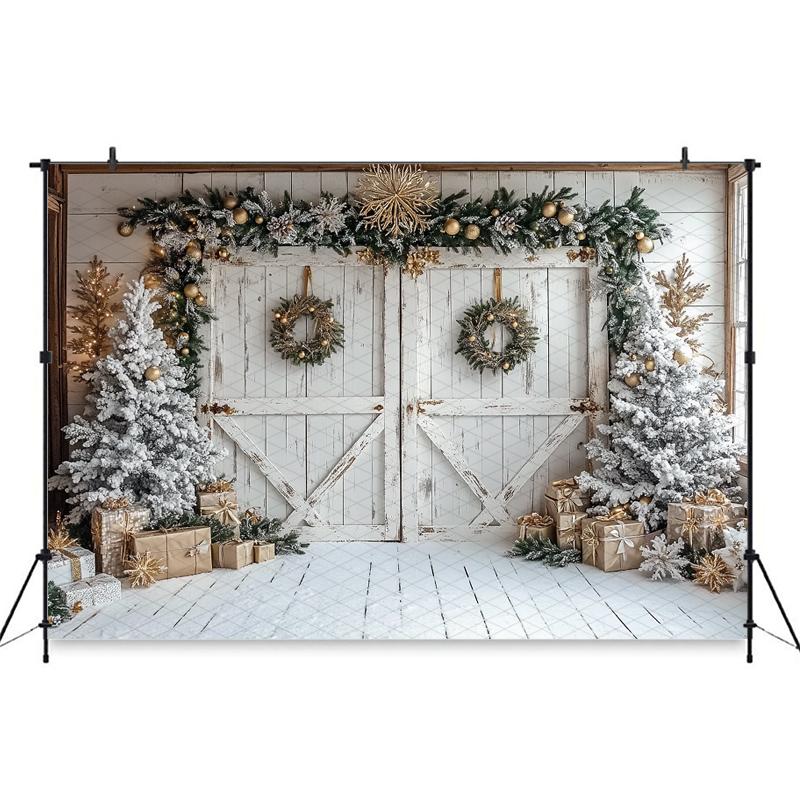 Mocsicka Christmas Photography Background Winter Snow Xmas Tree White Door Decoration Happy New Year Party Photo Backdrop Banner