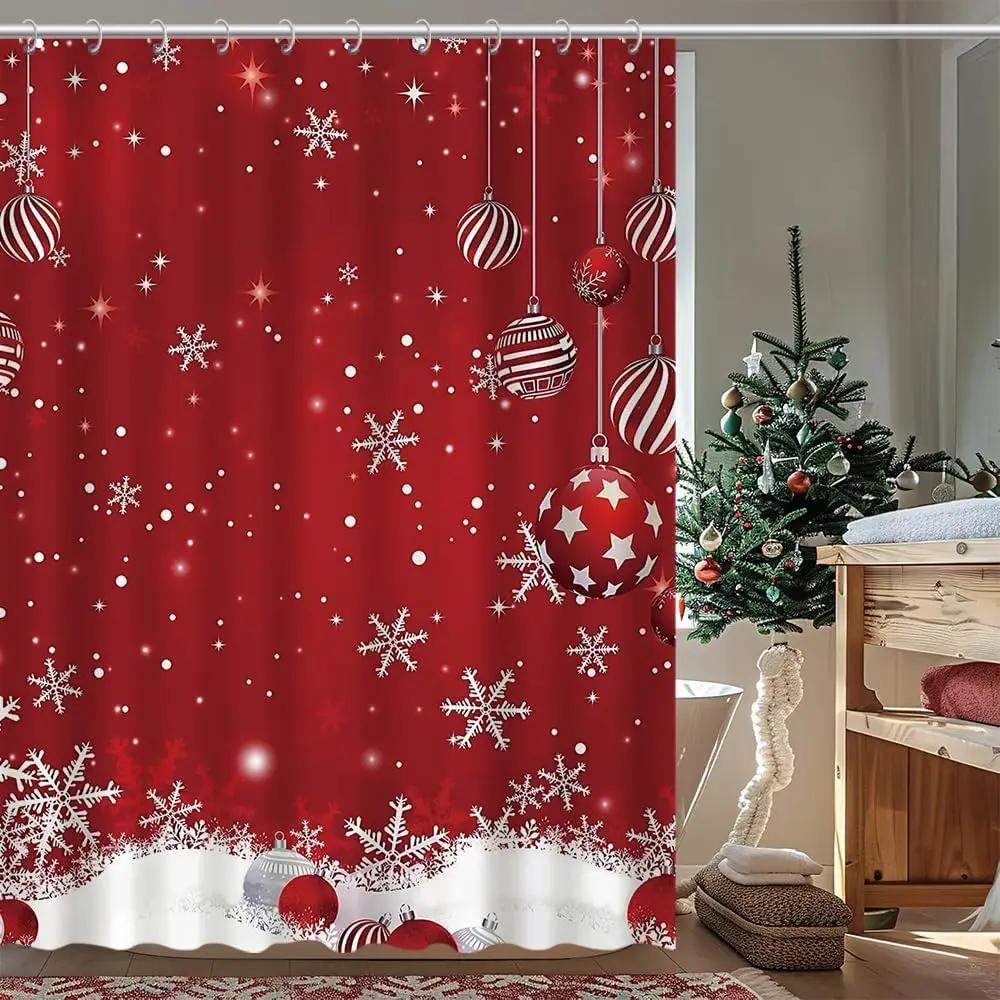 GAEChristmas Snowman Shower Curtain, Xmas Balls Snowflake Decorative Bathroom Curtains Set with Hooks, Winter Holiday Bathroom