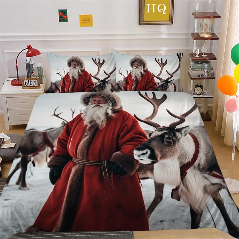 Jultomte Älg 3D-printad Polyester Kuddfodral Täcke Överdrag Två Eller Tre Delars Set