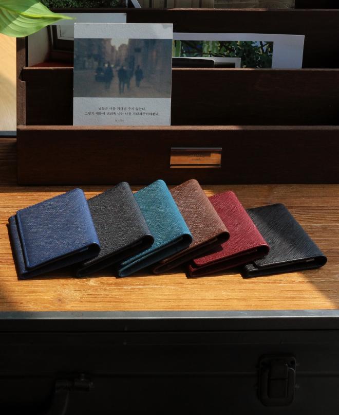 Matt Saffiano Cowhide Combination Slim Business Card Holder Dark Navy + Steel Blue