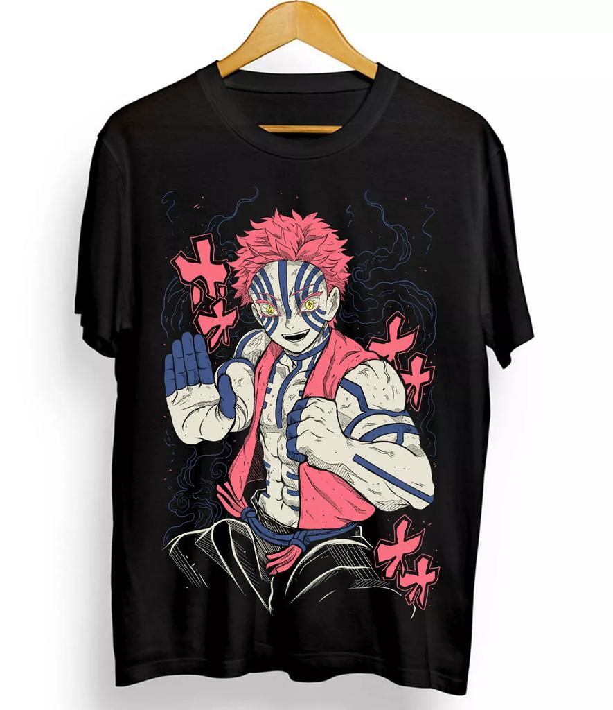 100% Cotton Tops Tee Akaza Kimetsu No Yaiba T-Shirt Demon Slayer Tanjiro Unisex Black Tshirt