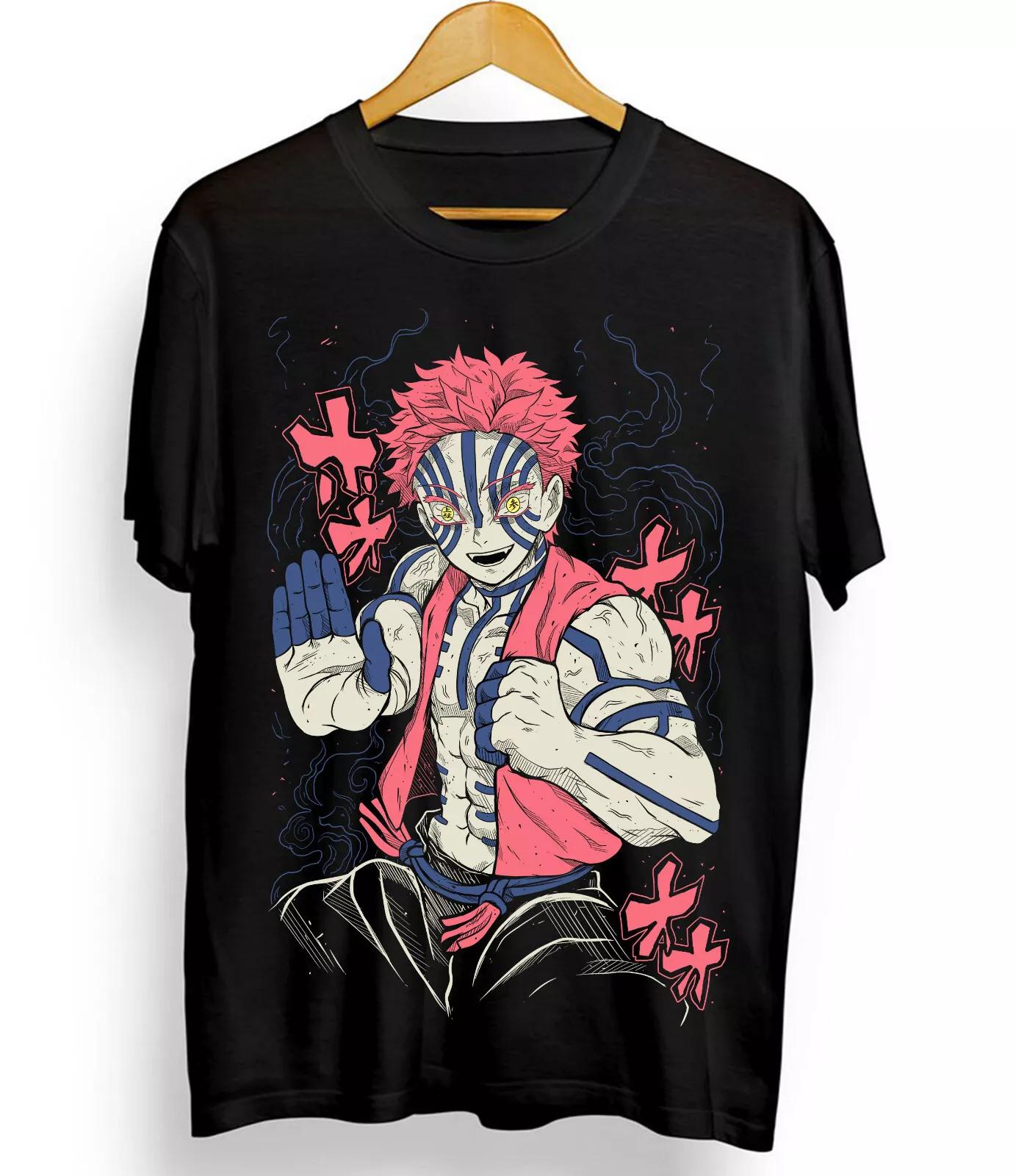 

100% cotton tops tee Akaza Kimetsu no Yaiba T-Shirt Demon Slayer Tanjiro Unisex Black Tshirt S