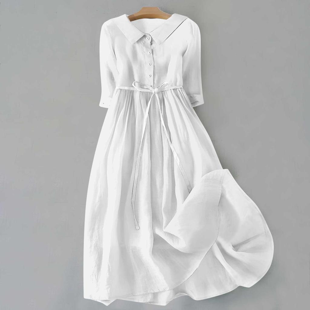 

2026 Summer Trendy Lapel Dress: Cotton & Linen, Five-Point Sleeve, Long Skirt S