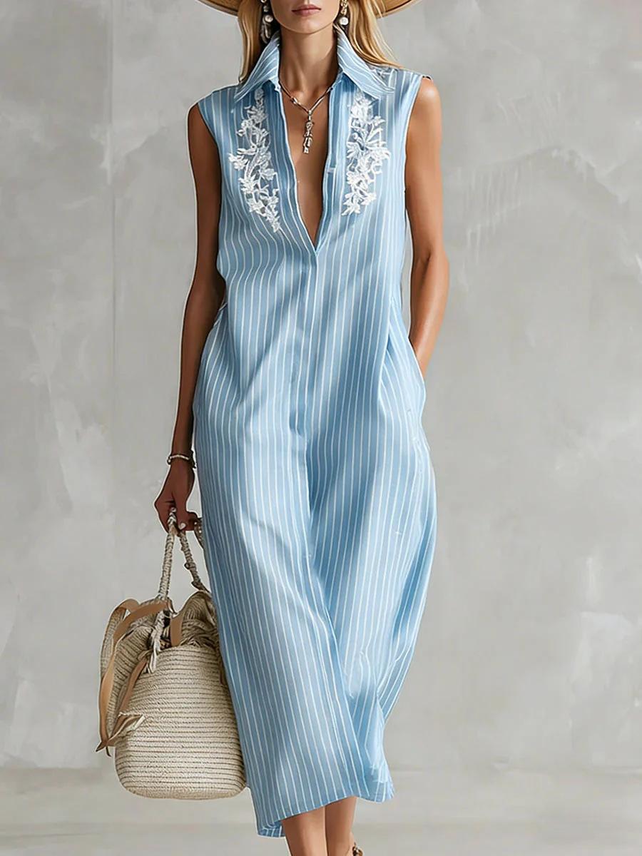 European and American summer women s striped lapel sleeveless casual loose shirt dress S небесно-голубой