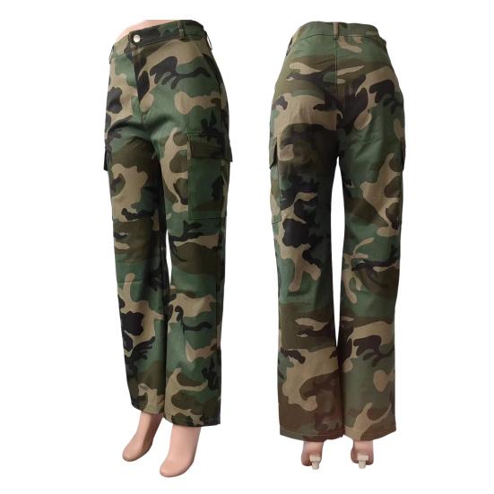 Dame Camo Print Cargobukser Høy Midje Vide Ben Baggy Streetwear Casual Kamuflasje Militærbukser med Lommer
