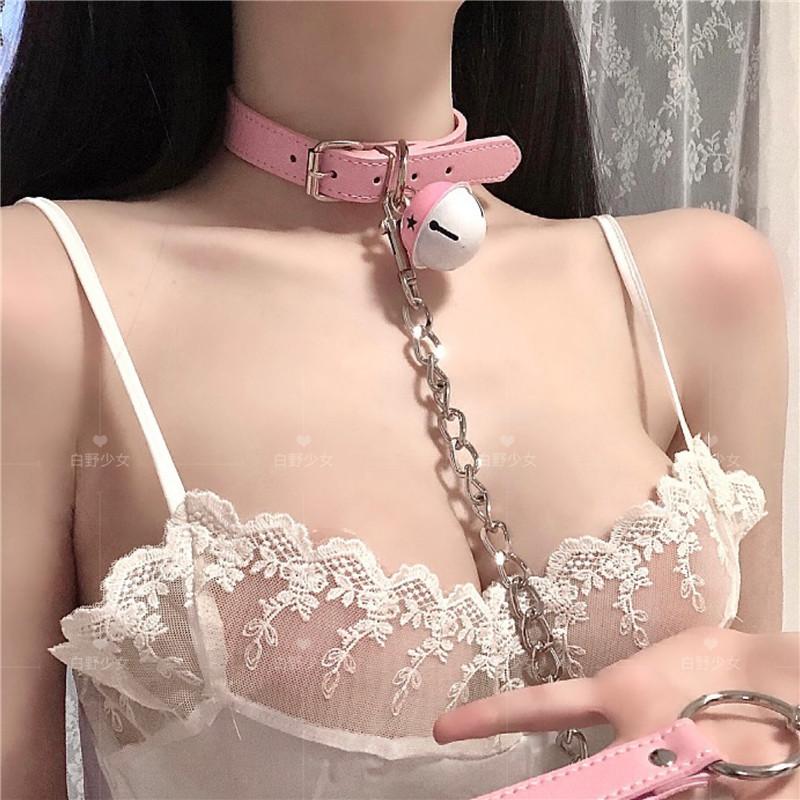 Sexy Women Pink PU Leather Bowknot Traction Rope Metal Link Chain Bell Pendant Punk Collar Choker Necklace Jewelry Accessories