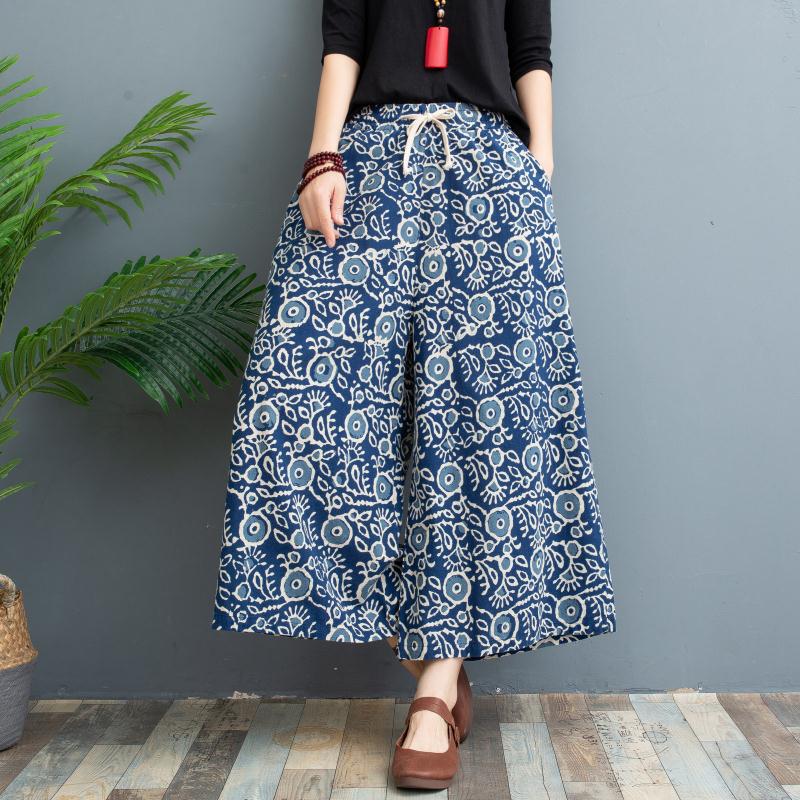 Women's High Waist Drawstring Ramie Wide Leg Culottes Loose Plus Size Nine Length Printed Linen Skort Vintage Floral Palazzo Pants