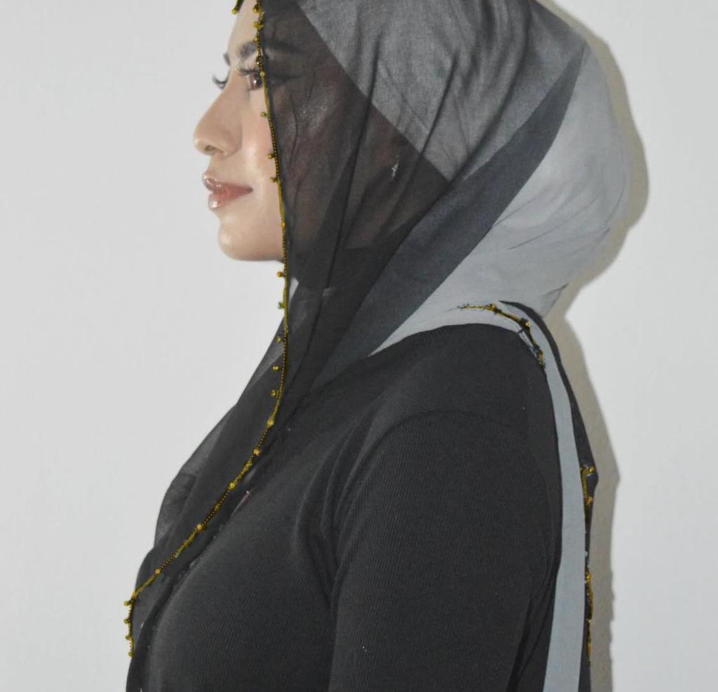 Gradient Pearl Chiffon Beaded Chain Long Scarf - Hui Muslim Malay Middle Eastern Headscarf