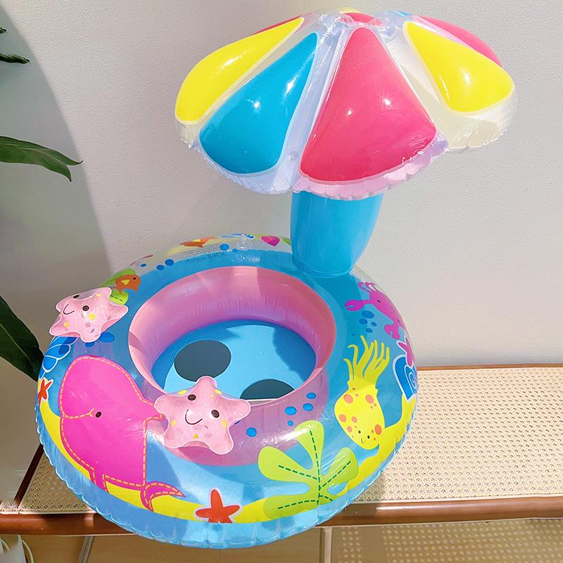 New Inflatable With Awning, Pink Mermaid Handle Seat, Steam Children S Baby Swimming Ring. (,seat ring with awning)