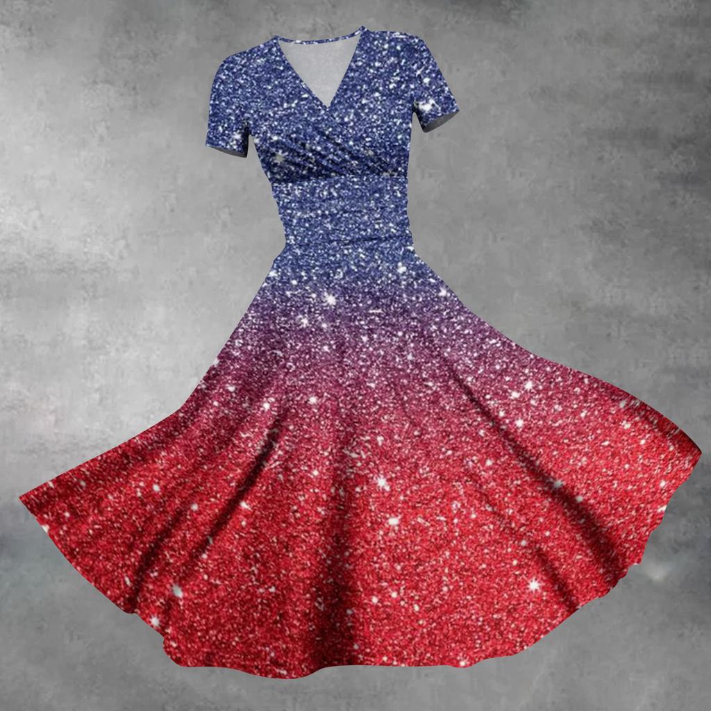 Damenmode Lässiges Independence Day Bedrucktes Kurzarmkleid Elegantes Maxikleid