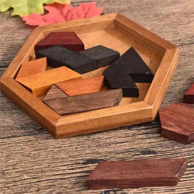 Hexagonal Wooden Puzzles IQ Game Educational Toys For Children Kids Adults Tangram Board IQ Brain Teaser