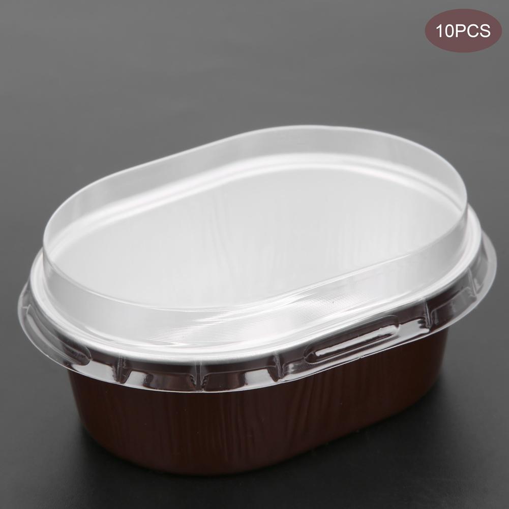 10Pcs Disposable Oval‑Shaped Aluminum Foil Cake Baking Cup Mold with Lid Kitchen Accessory(Gold )