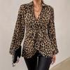 Leopard Print Tie V Neck Elegant Long Sleeve Shirt Slim Casual Pullover Top