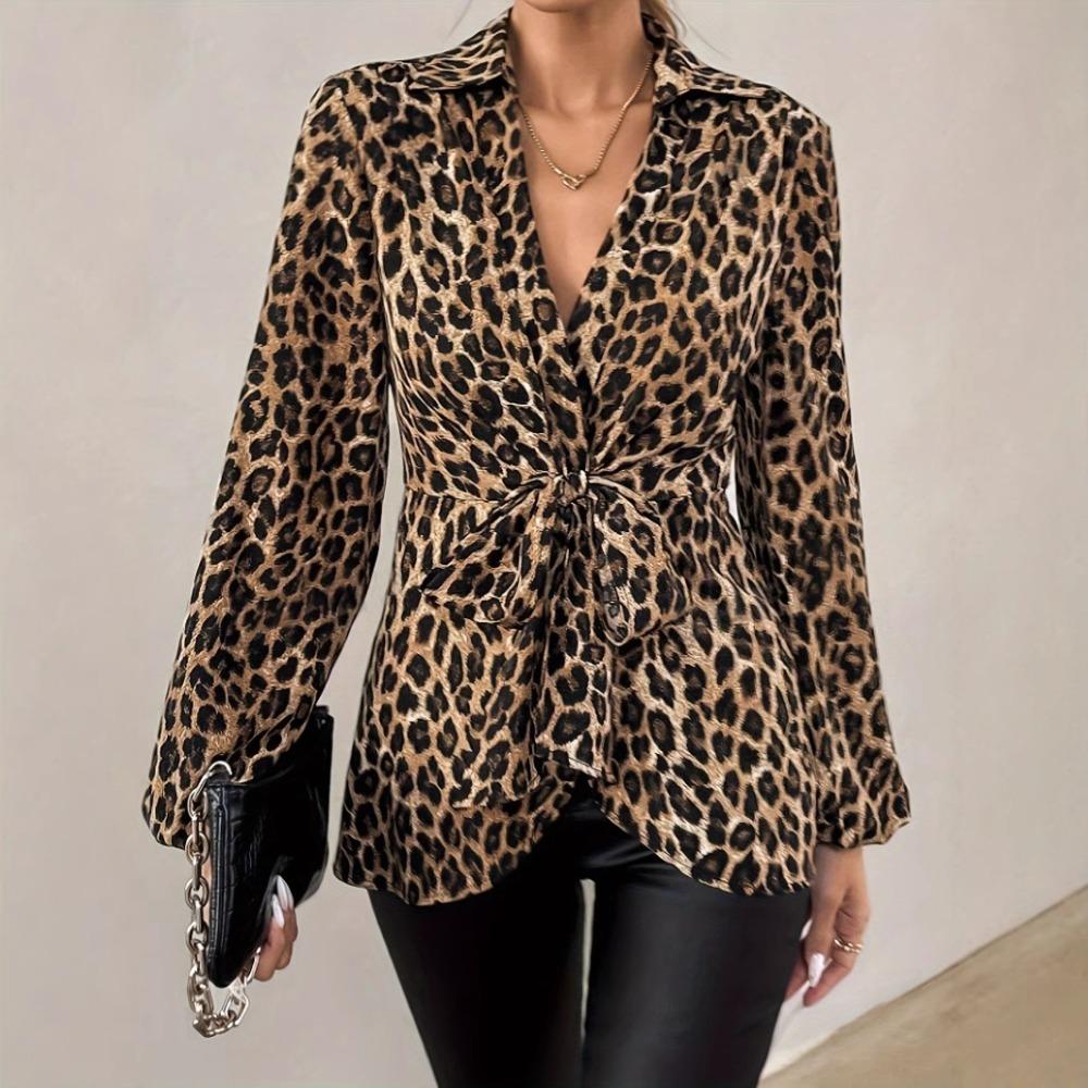 Leopard Print Tie V Neck Elegant Long Sleeve Shirt Slim Casual Pullover Top