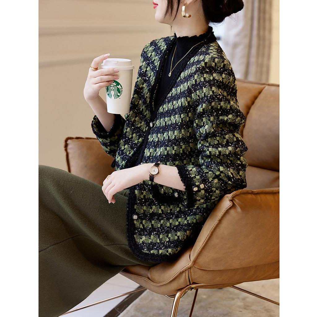 Woolen Jacket Women's Autumn and Winter New Tweed Short Top Green Coat