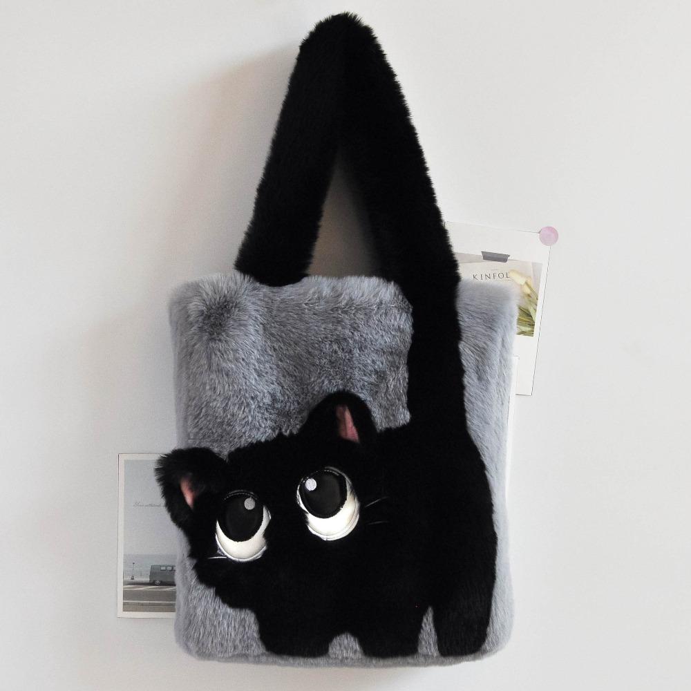 

New Autumn Winter Soft Plush Women s Handbags Creative Cat Cartoon Embroidery Contrasting Color Splicing Tote Bag Large Capacity Ladies Crossbody Bags чорний/сірий