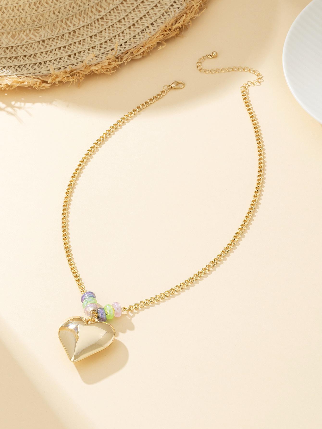 Trendy European-American Colorful Beaded Heart Pendant Necklace for Women золотой