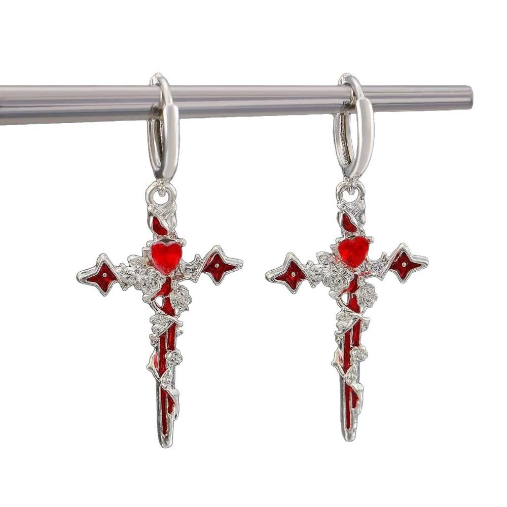 Punk Charm Sliver Color Rose Flowers Winding Red Drip Glaze Cross Heart Hoop Earrings Necklace for Women Stainless Steel Jewelry