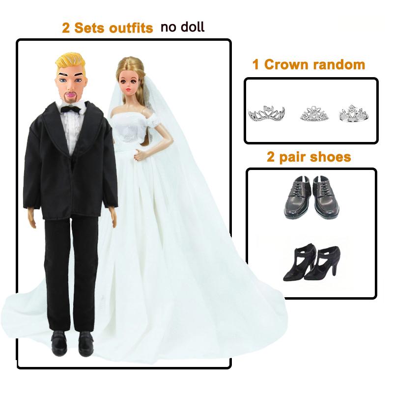 

5PCS Doll Clothes Set 1 White Bride Wedding Dress with Veil for 11.5 Inch Girl Doll 1 Groom Suit Tuxedo 2 shoes 1 Crown Toys