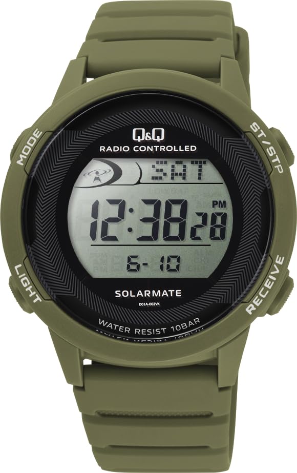 

Citizen Q&Q D01A Digital Wristwatch, Radio, Solar, Waterproof, Date, Urethane Strap, green, watch