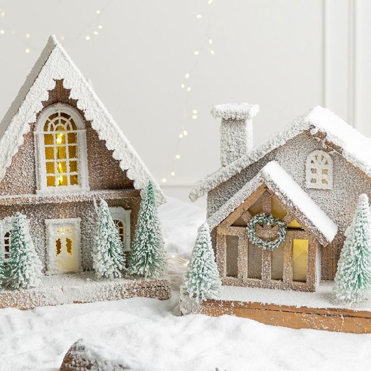 Table Display Christmas Cottage Ornament with Light Effect, Wooden Snow Cabin Decoration for Tabletop Shelf Styling