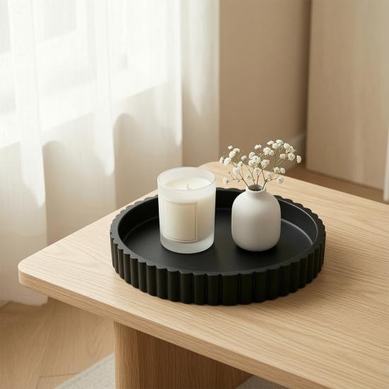 Round Decorative Tray for Coffee, Dining Table, Countertop, 3D Printed Scalloped Edge Serving Tray for Farmhouse, Kitchen, Home, Living Room