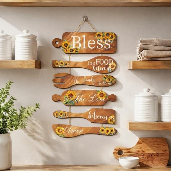 Wooden Kitchen Quote Sign Rustic Hanging for Wall Decor, Cutlery Design Home Art with Inspirational Family Slogan & Lanyard Farmhouse Decoration Solid