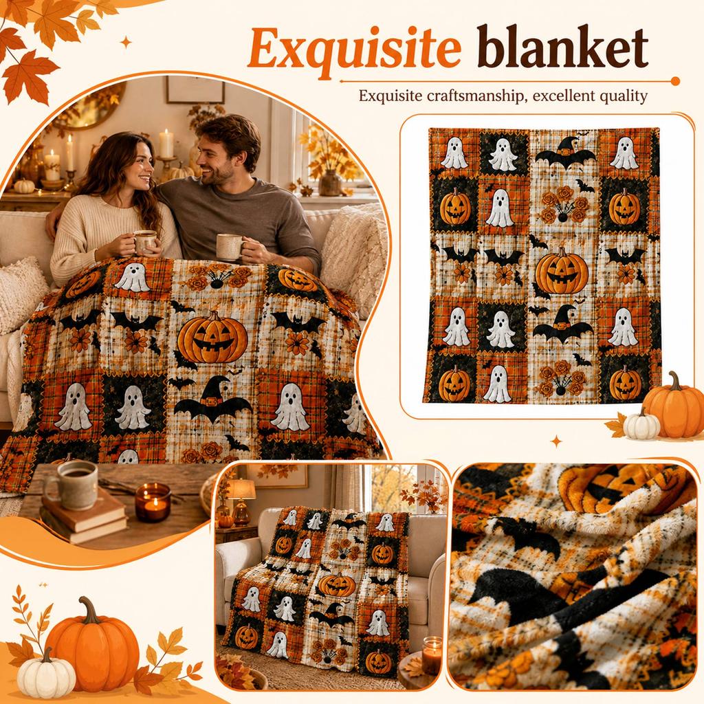 Couverture Jetée Patchwork d'Halloween – Couverture Douce en Peluche Confortable pour Canapé, Lit et Décoration de Fête