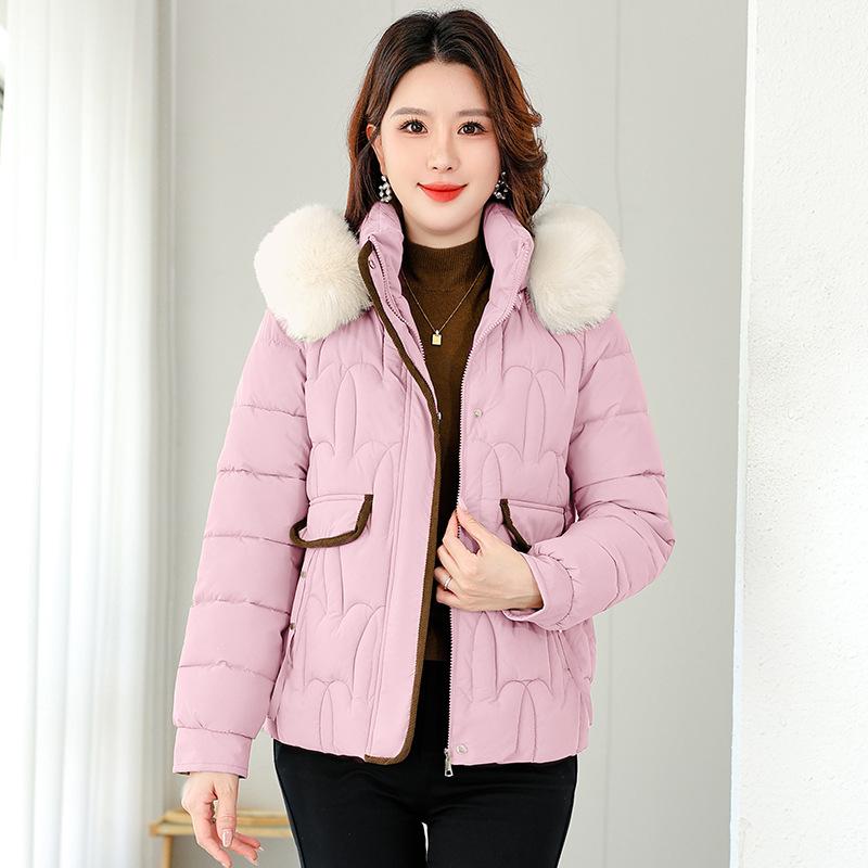 New cotton-padded clothes women's short autumn and winter jackets, large fur collar removable hat, warm cotton-padded clothes, foreign style fashionab