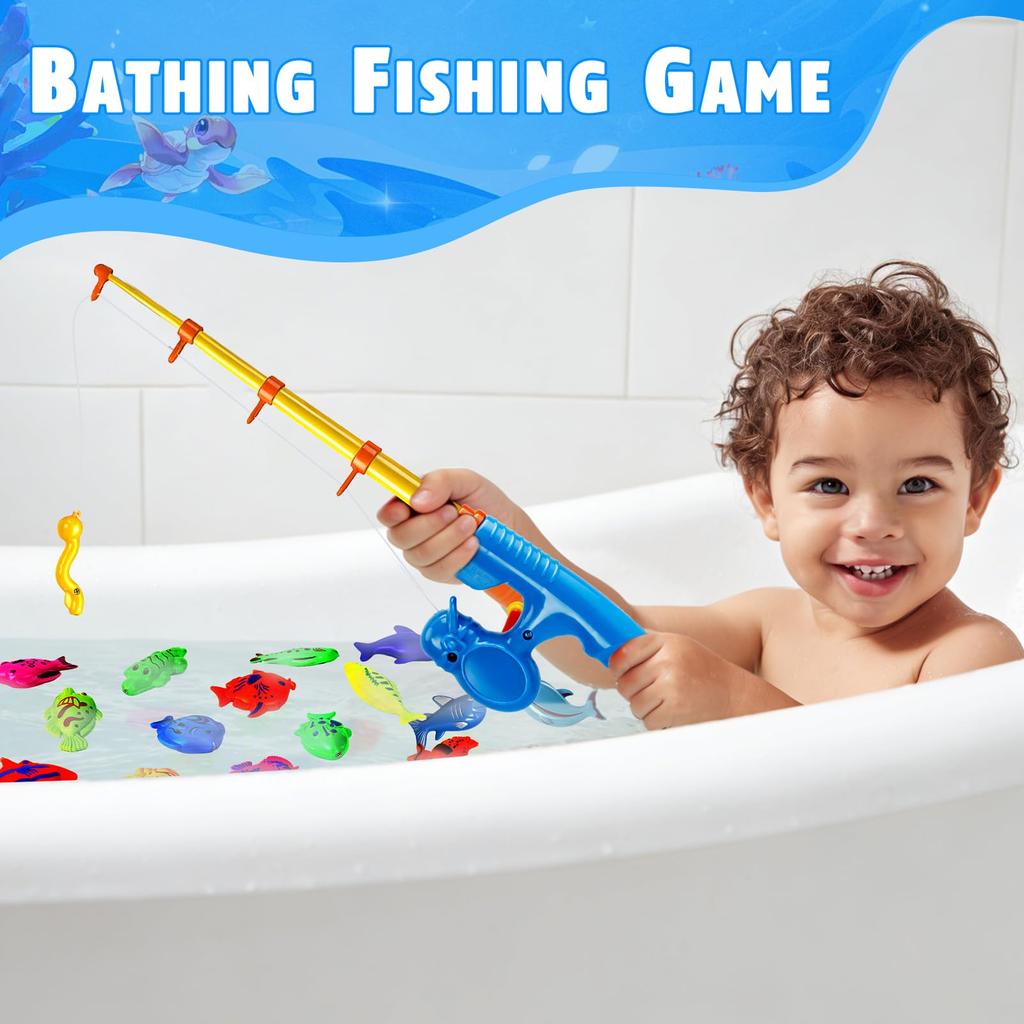 CozyBomB™ Magnetic Fishing Toy Game Set Water Play, Bath & Pool Toy with Fishing Rod and Net Floating Fish & Sea Creatures Ages 3-8 Birthday