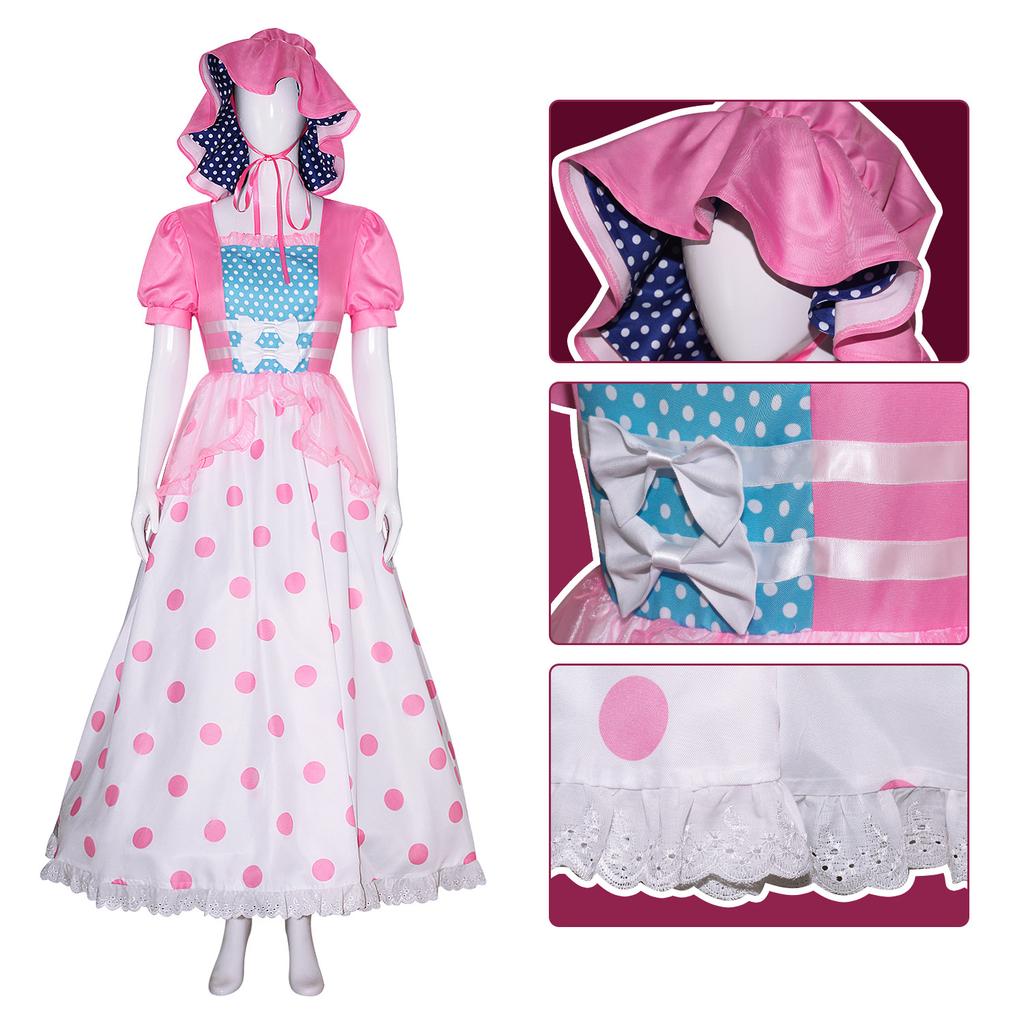 Anime Little Bo Peep Costume For Women, With Pink And Blue Bonnet Polka Dot Dress Halloween Costume For Girl