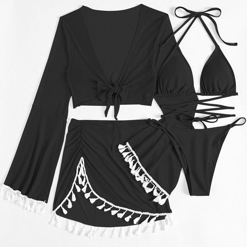 Strój kąpielowy damski z rozcięciem, trzyczęściowy, jednokolorowy, zasznurowany, z długimi rękawami