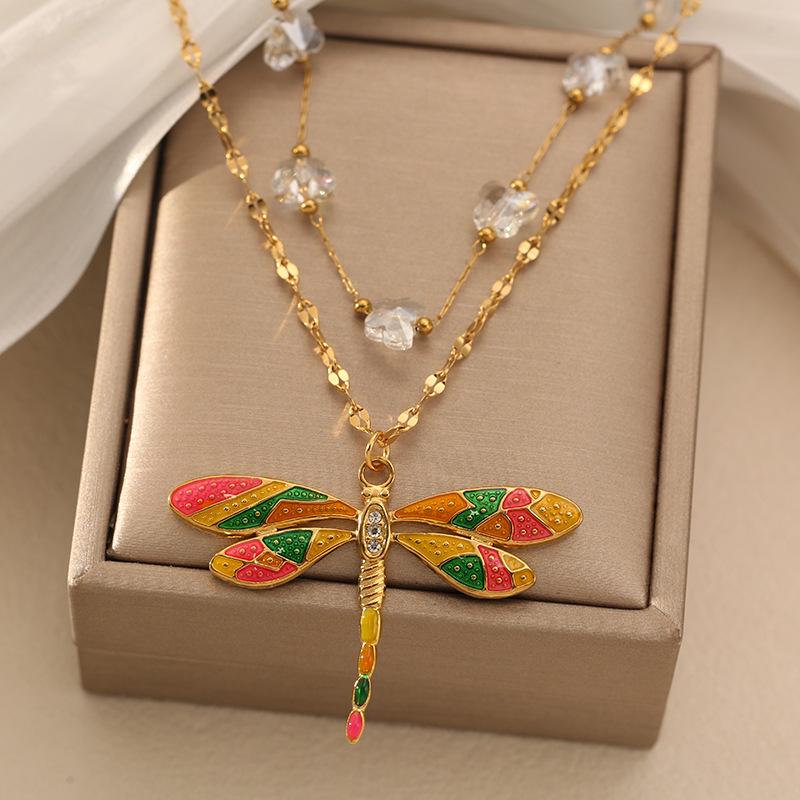Colorful Dragonfly Pendant Necklace in 18K Gold-Plated Stainless Steel Clavicle Chain