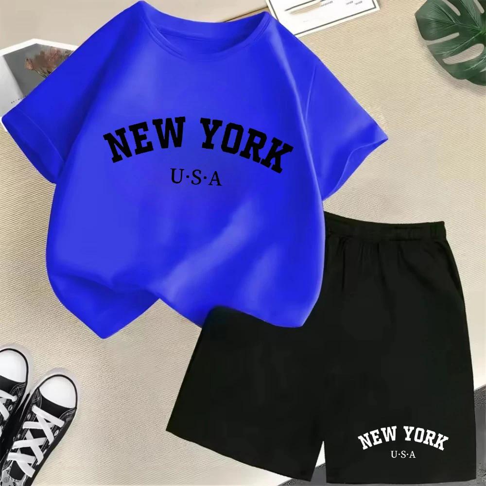 2026 New Kids Boys Girls New York Letter Pattern Polyester T-shirt+Shorts 2-Piece Set Casual Daily
