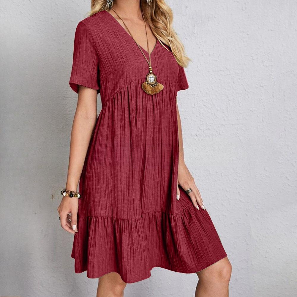 Vestito estivo casual mini da donna, scollo a V, manica corta, vita larga, tinta unita, con balze e pieghe, per signore