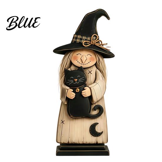 Halloween Tabletop Decoration for Office Wooden Witch Ornament, Retro Figurine with Broom/Pumpkin/Black Vintage Style Statue Shelf Cat, Creative
