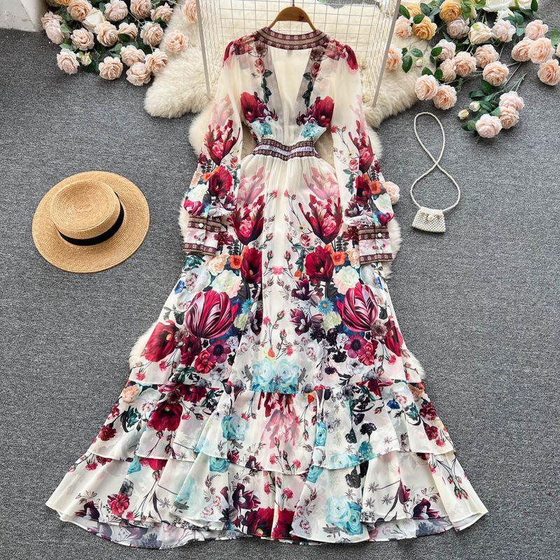 Palace Style Elegant Slim Looking Dress Printed Mesh