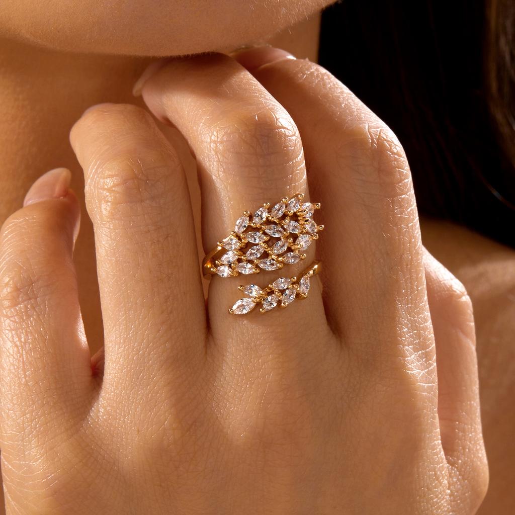 Minimalist Wheat Ear Open Ring for Women Exquisite Shiny CZ Stone Geometry Adjustable Ring Friendship Birthday Jewelry Gift