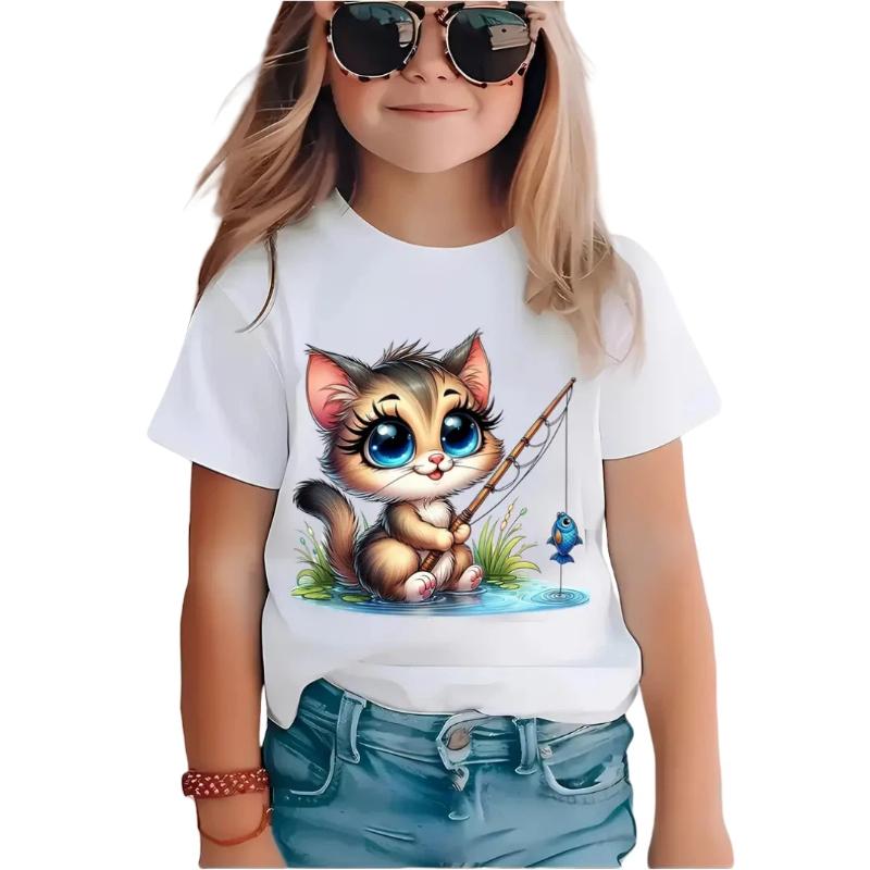 New Cartoon Cat Girl T-Shirt Short Sleeve Top Clothes Round Neck Top Fashion Junior Girls' Clothing Cute Outdoor Kids Tee