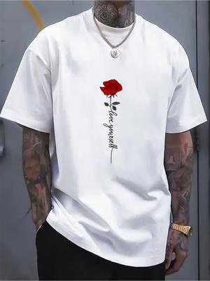 Herren T-Shirt Sommer Modisch Lässig Sportlich Locker Rotes Rosenmuster Bedruckt Rundhals Kurzarm Top