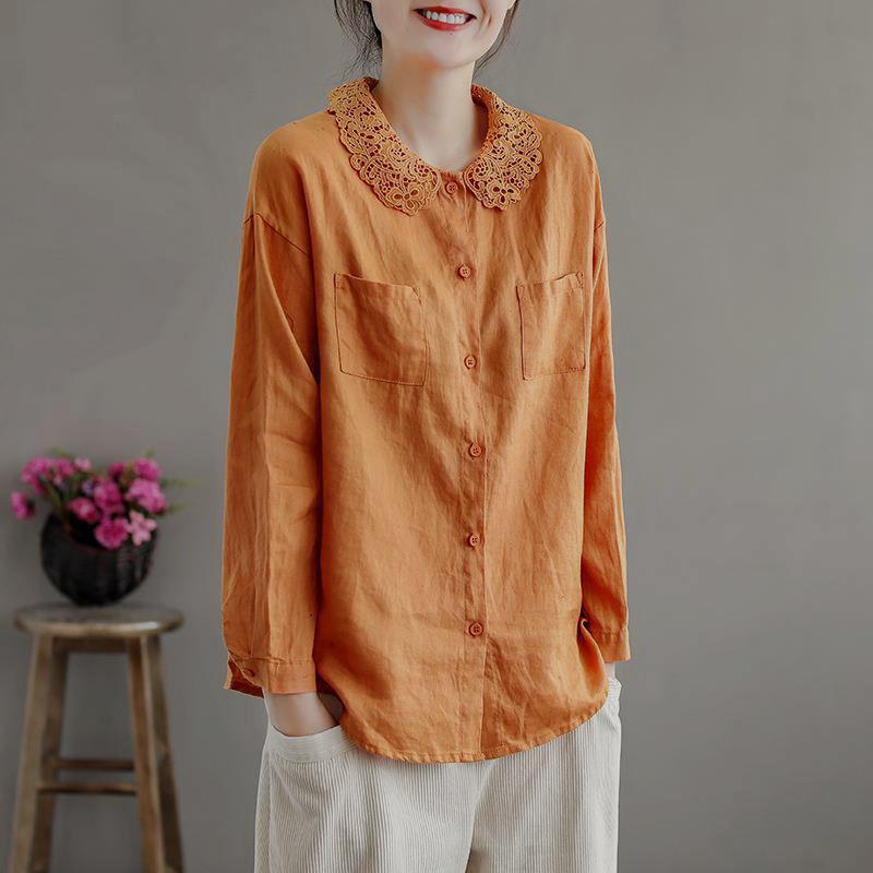 

Весна Осень Этнический Винтаж Стиль Кружевной Воротник Поло Хлопковая Блузка Женская Длинный Рукав Универсальный Топ На Пуговицах Женская Свободная Повседневная Рубашка XXL оранжевый