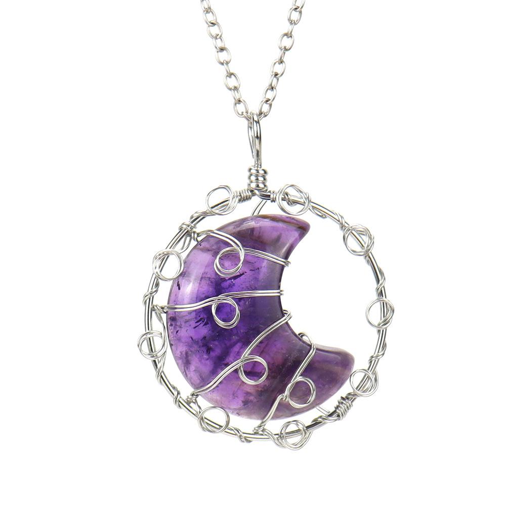 Hand-Woven Natural Crystal Agate Amethyst Moon Pendant Necklace Couple Jewelry N590